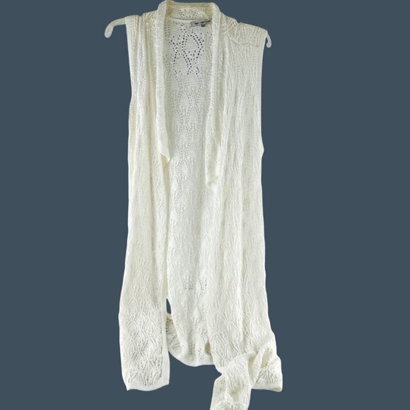 Eight Eight Eight Womens Sleeveless Knit Long Cardigan Vest Ivory M Crochet - Picture 1 of 6